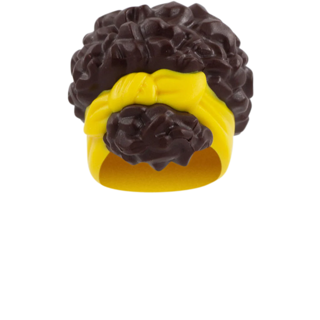 Dark Brown Curly Up Do with Yellow Headband - LEGO Minifigure Hair