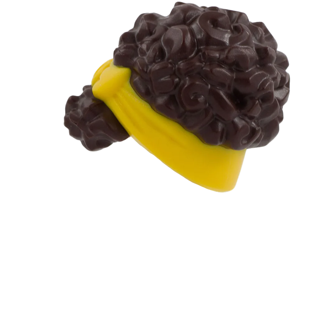 Dark Brown Curly Up Do with Yellow Headband - LEGO Minifigure Hair - Image 3