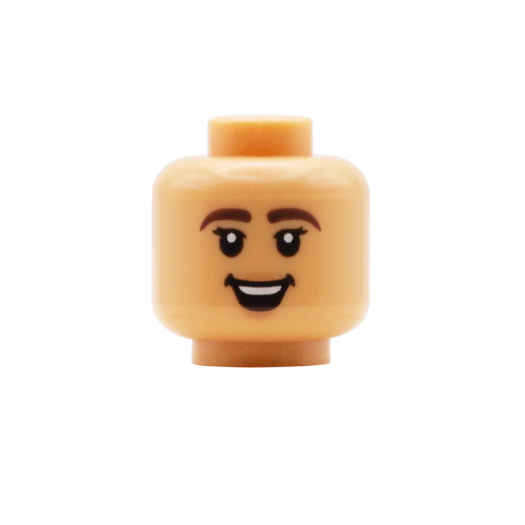 Thick Brown Eyebrows Flicked Eyelashes Open Smile / Smirk (Medium Tan) - LEGO Minifigure Head