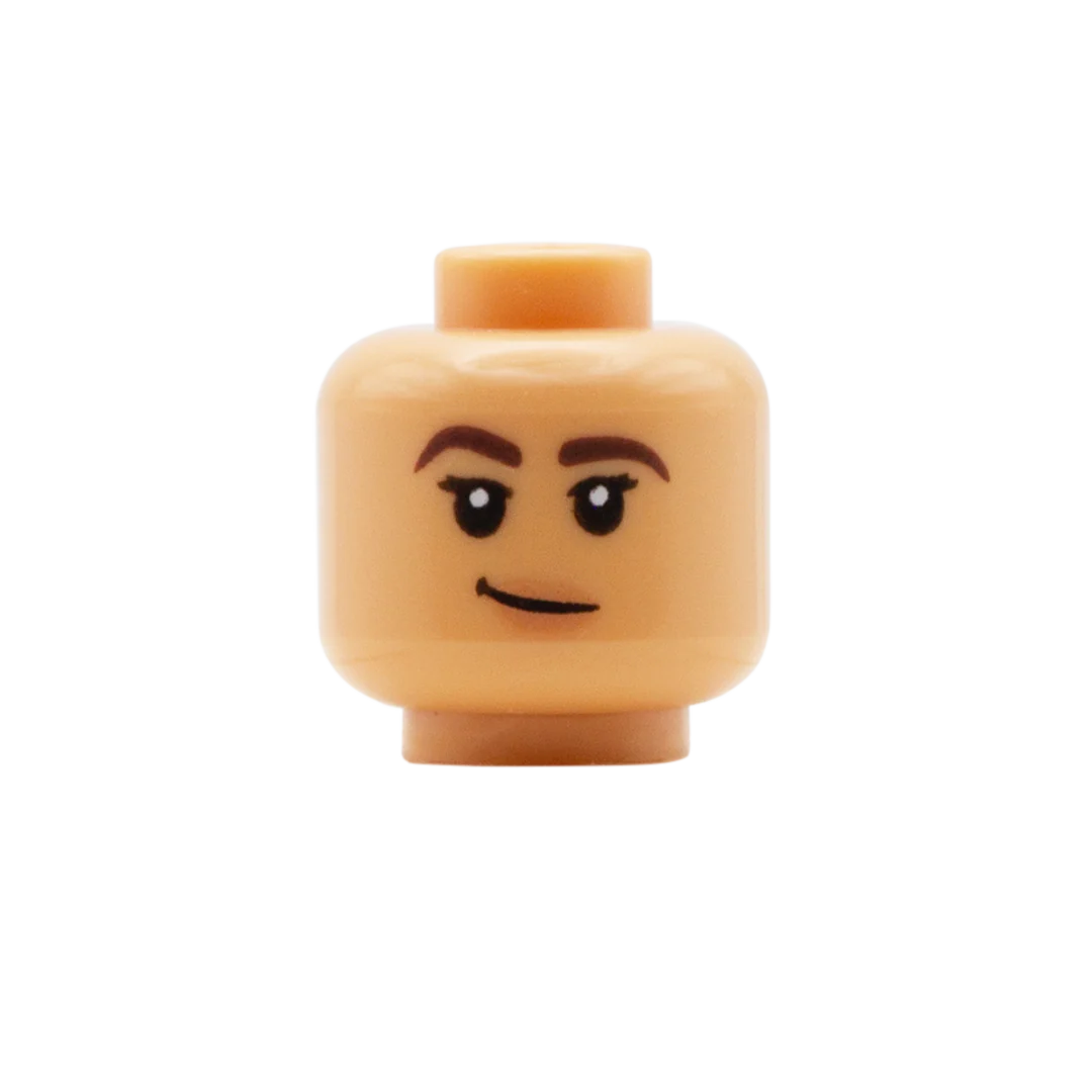 Thick Brown Eyebrows Flicked Eyelashes Open Smile / Smirk (Medium Tan) - LEGO Minifigure Head - Image 2