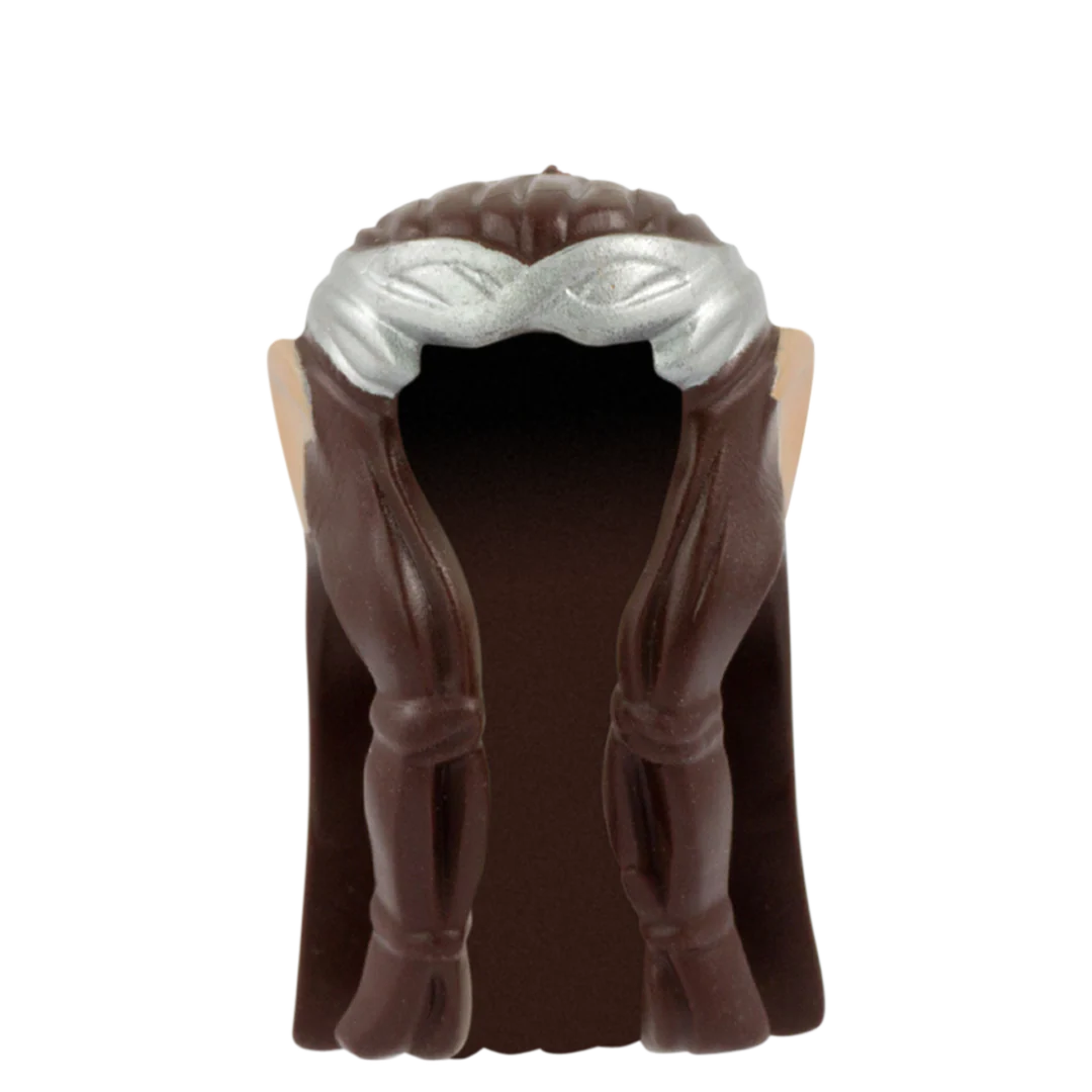 Long Dark Brown Hair with Silver Crown and Light Skin Elf Ears - LEGO Minifigure Hair