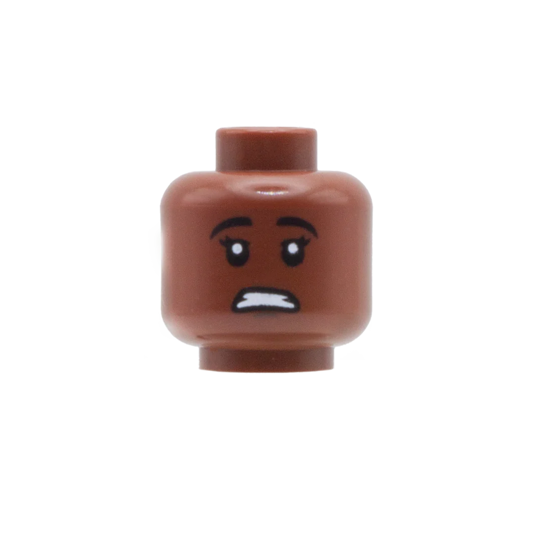 Slight Smirk with Eyelashes/Worried (Dark Skin Tone, Double Sided) - LEGO Minifigure Head - Image 2